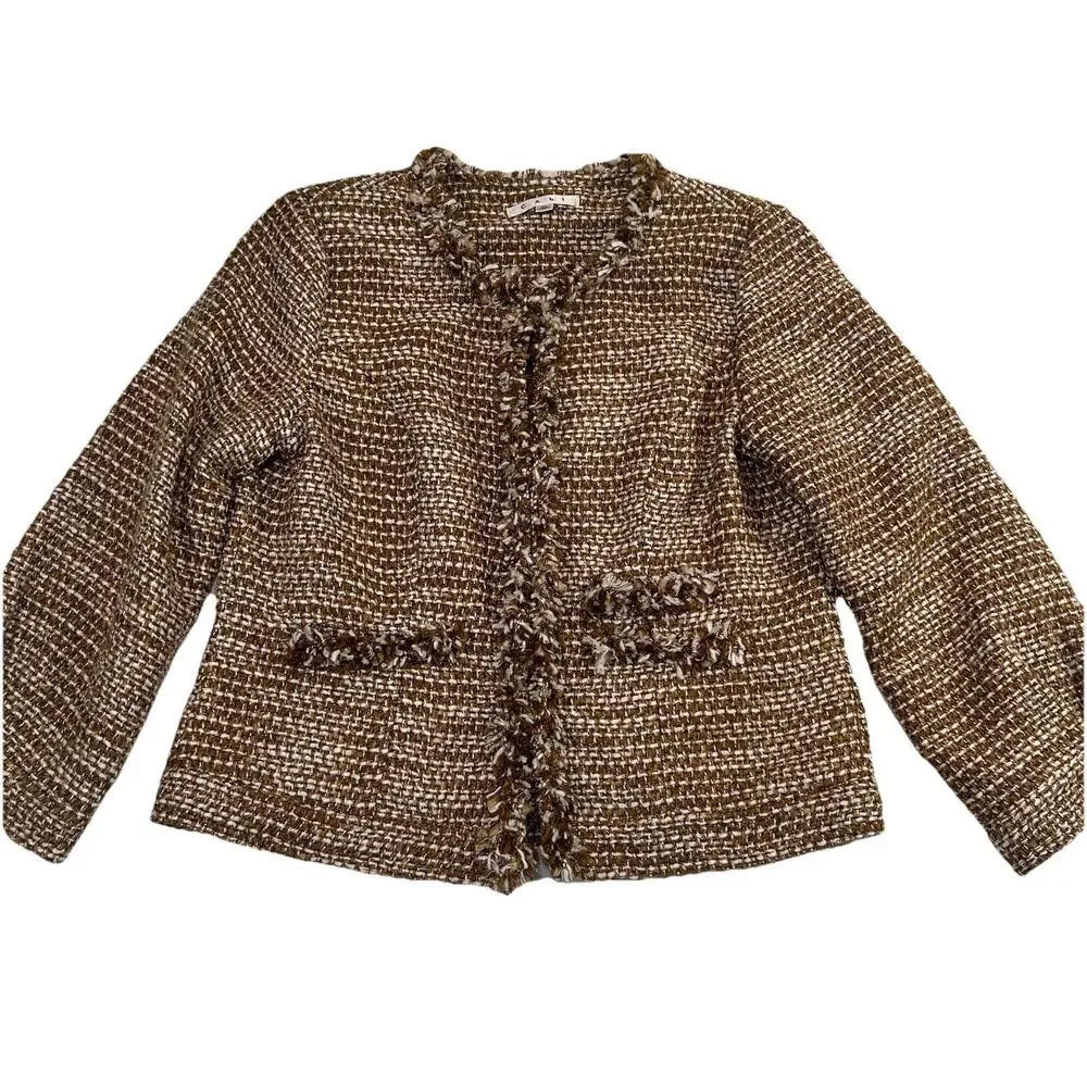 Cabi Phoebe Jacket Size M Brown White Metallic Tweed Fringe Blazer Style 343
